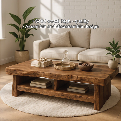 Handcrafted Solid Wood Coffee Table with Live Edge Design and Double Shelf for Storage