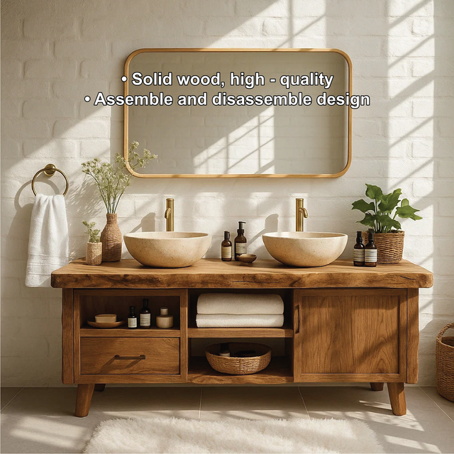 Handcrafted Solid Wood Double Bathroom Vanity with Live Edge Countertop and Modern Legs