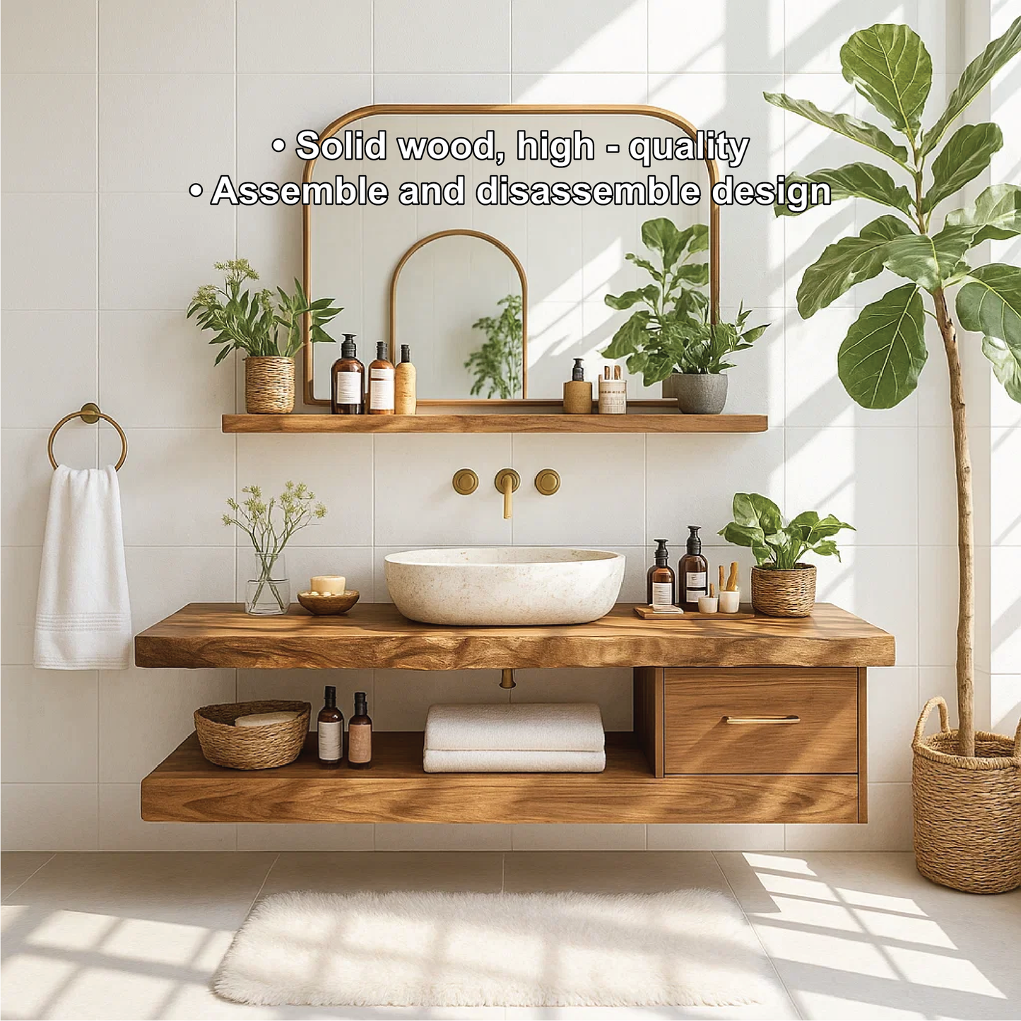 Handcrafted Solid Wood Floating Vanity with Live Edge Top and Minimalist Drawer Design