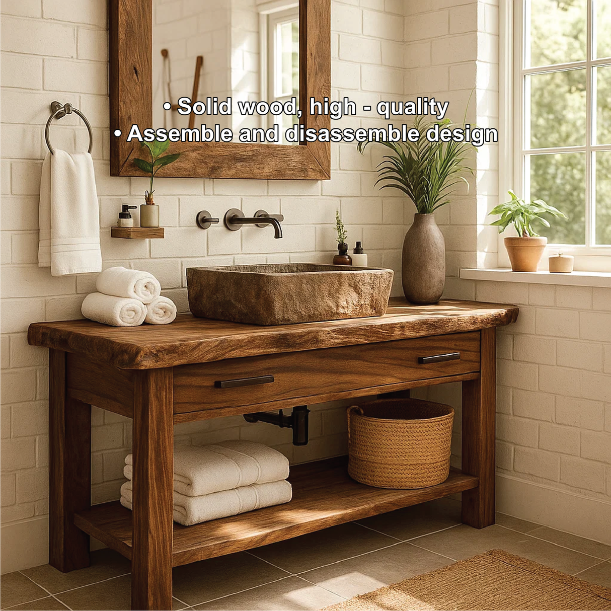 Handcrafted Solid Wood Bathroom Vanity with Rustic Live Edge Design and Modern Farmhouse Charm