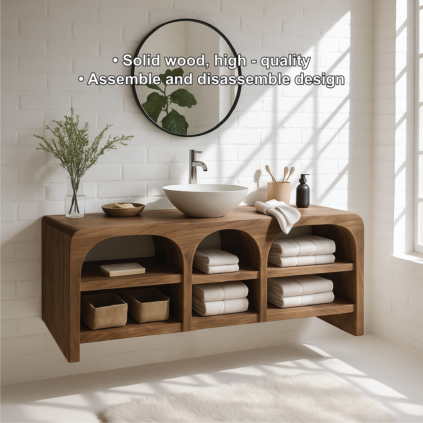 Handcrafted Solid Wood Floating Vanity with Arched Open Shelves and Modern Minimal Design