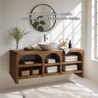 Handcrafted Solid Wood Floating Vanity with Arched Open Shelves and Modern Minimal Design