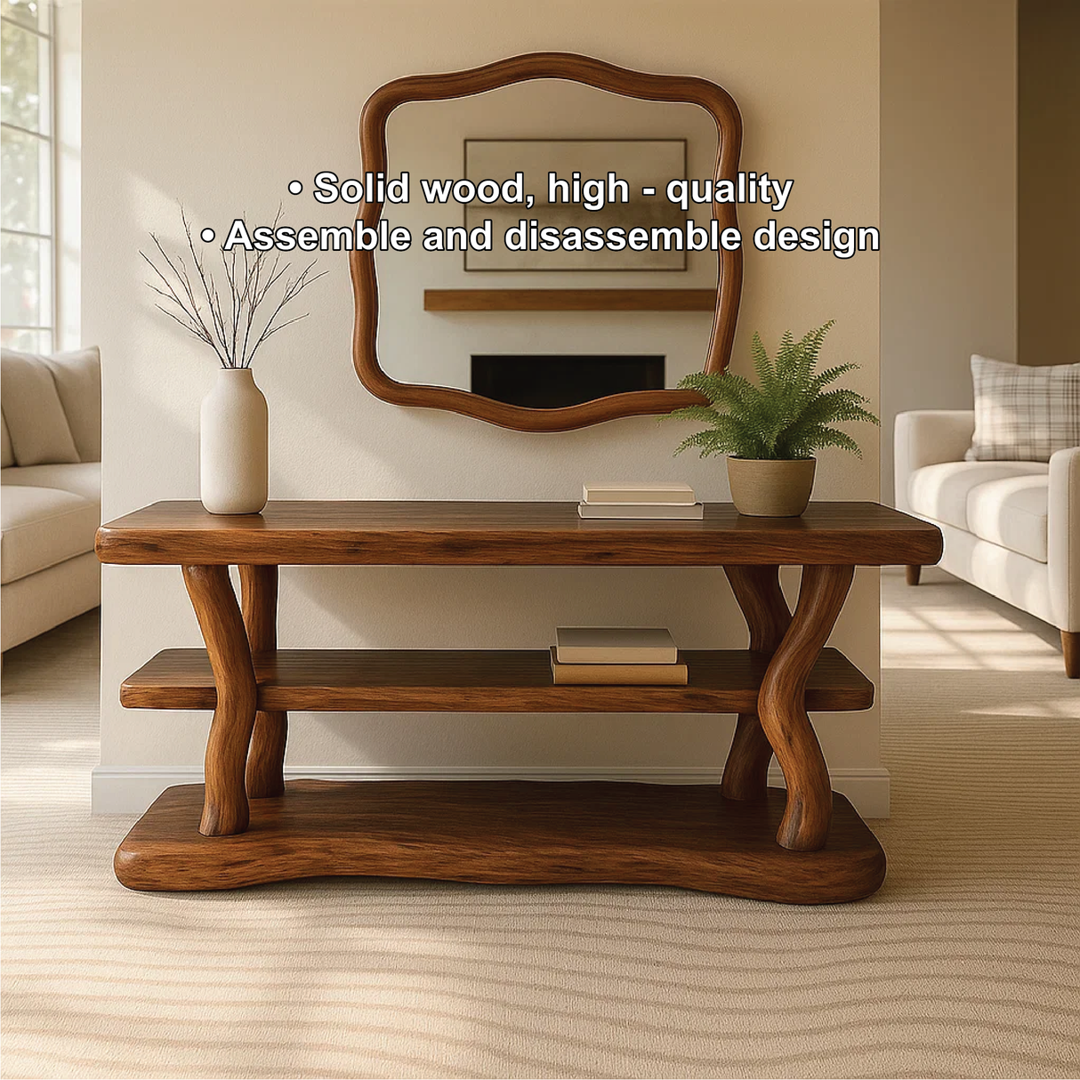 Handcrafted Solid Wood Console Table with Organic Curved Legs and Natural Smooth Finish