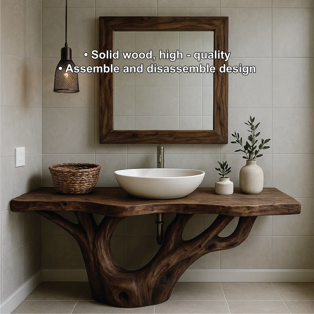 Handcrafted Solid Wood Bathroom Vanity with Organic Tree-Inspired Base and Natural Finish
