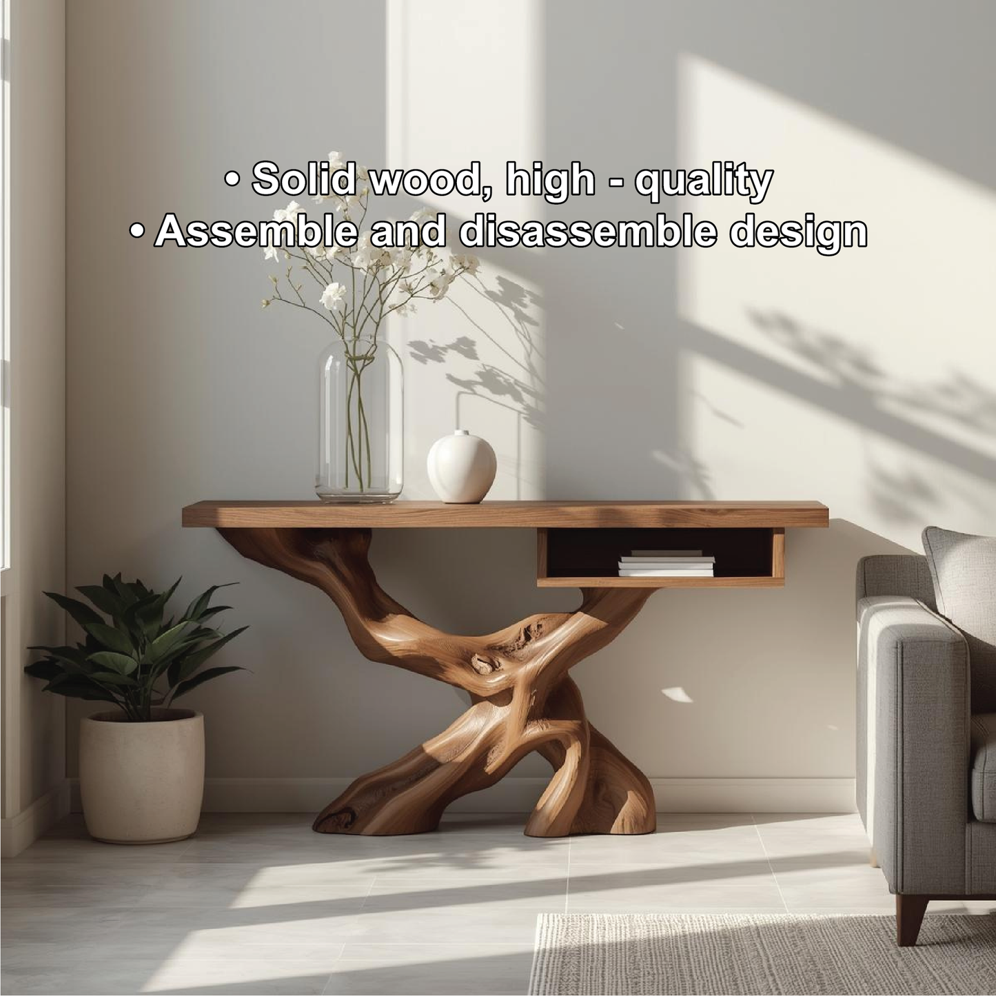 Handcrafted Solid Wood Console Table with Organic Tree-Root Base and Floating Shelf Design