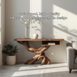 Handcrafted Solid Wood Console Table with Organic Tree-Root Base and Floating Shelf Design
