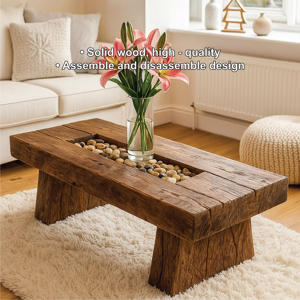Handcrafted Solid Wood Coffee Table with Rustic Live Edge Design and Natural Stone Centerpiece