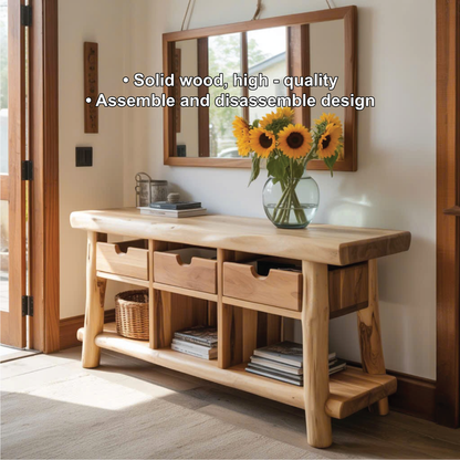 Handcrafted Solid Wood Console Table with Natural Live Edge and Rustic Drawers for Entryway