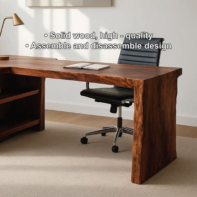 Handcrafted Solid Wood Executive Work Desk with Live-Edge Design and Built-In Open Shelving