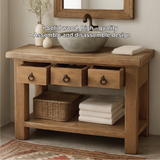 Handcrafted Solid Wood Bathroom Vanity with Rustic Drawers and Open Shelf for Natural Interiors