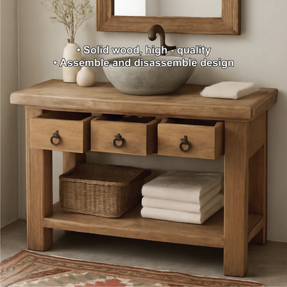 Handcrafted Solid Wood Bathroom Vanity with Rustic Drawers and Open Shelf for Natural Interiors