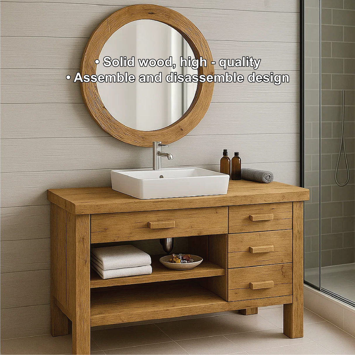 Handcrafted Solid Wood Bathroom Vanity with Drawers and Open Shelf in Natural Minimalist Style