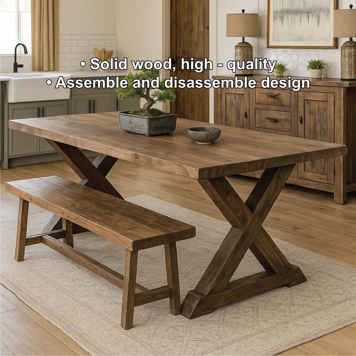 Handcrafted Solid Wood Farmhouse Dining Table – Rustic X-Leg Kitchen Table with Bench Set