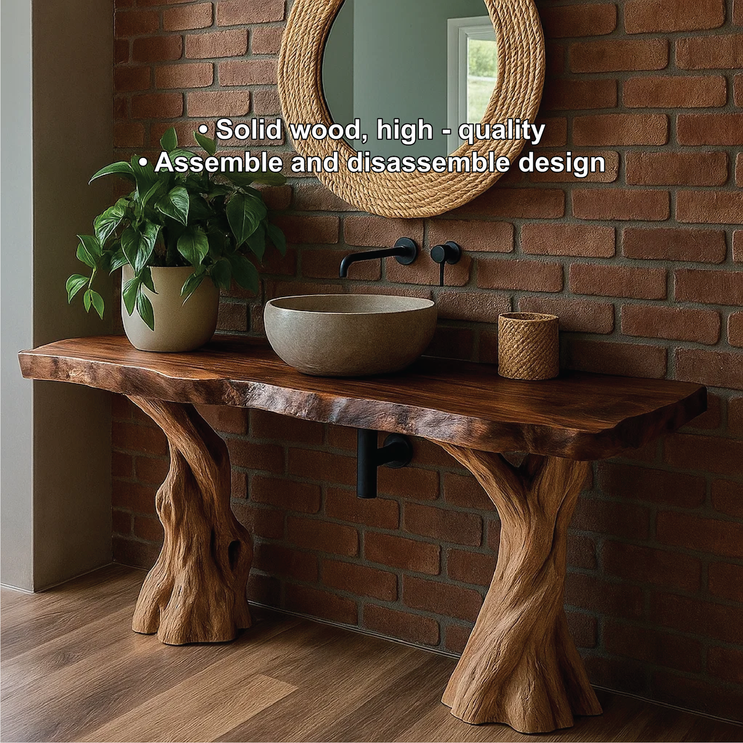 Handcrafted Solid Wood Bathroom Vanity with Natural Tree Trunk Legs and Live Edge Design