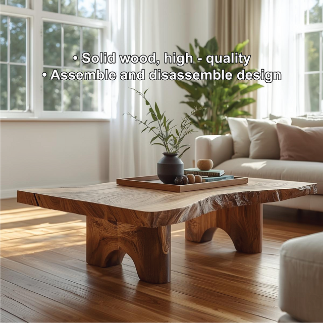 Handcrafted Solid Wood Coffee Table with Live Edge Top and Sculpted Block Legs Design