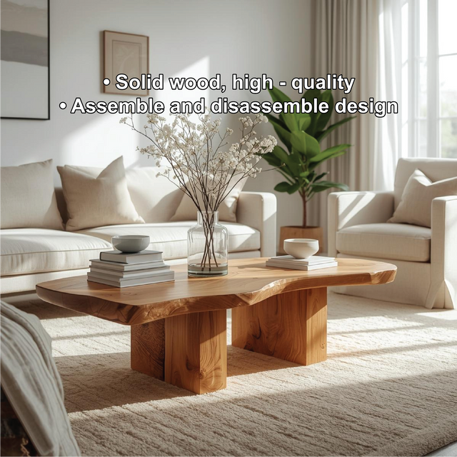 Handcrafted Solid Wood Coffee Table with Live Edge Design and Minimalist Block Base