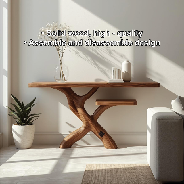 Handcrafted Solid Wood Console Table with Modern Branch-Inspired Base and Minimalist Design