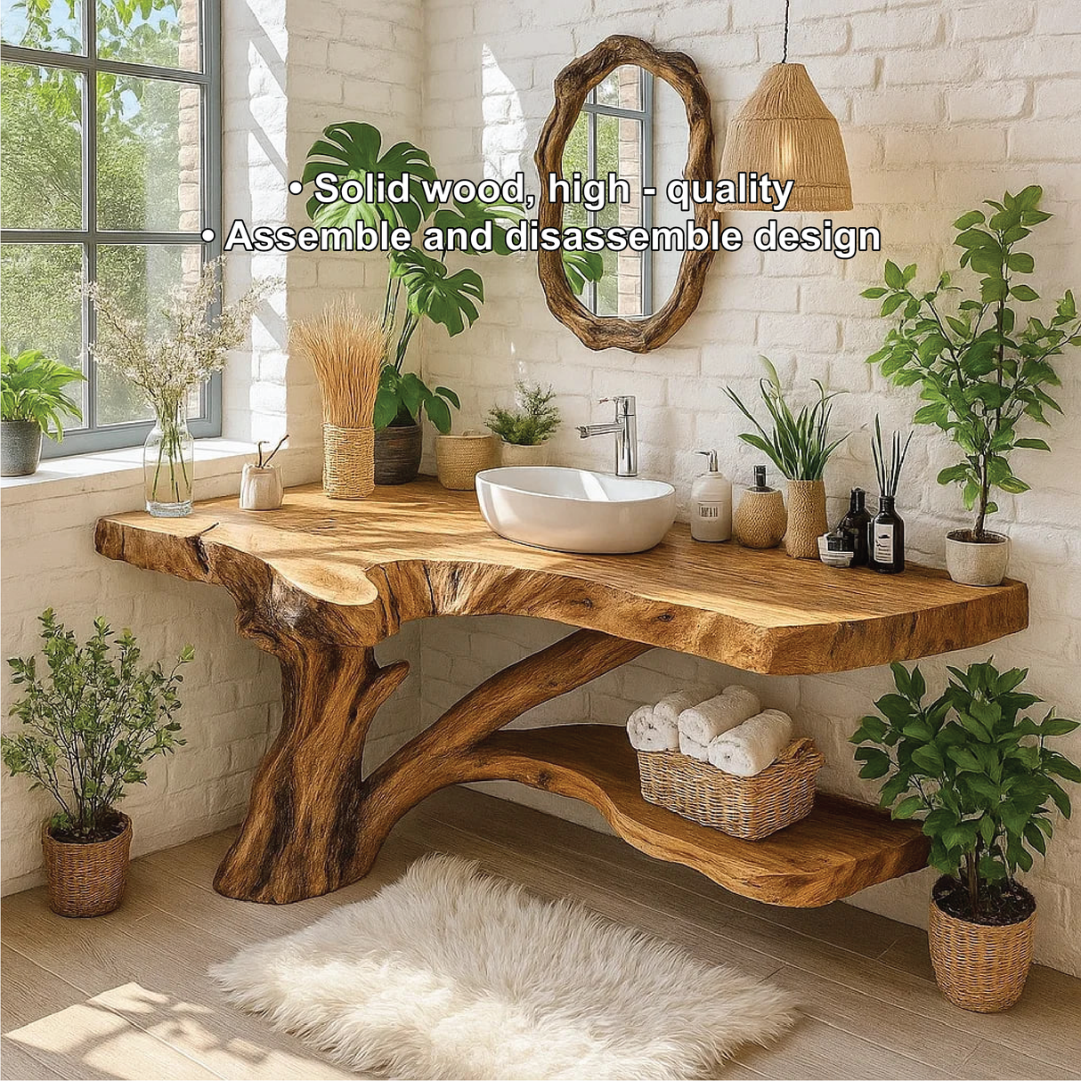 Handcrafted Solid Wood Bathroom Vanity with Natural Tree Trunk Base and Live Edge Design