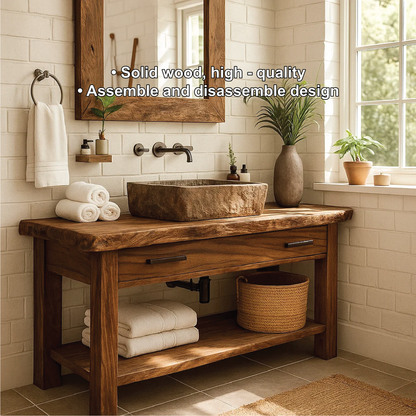 Handcrafted Solid Wood Bathroom Vanity with Rustic Live Edge Design and Modern Farmhouse Charm