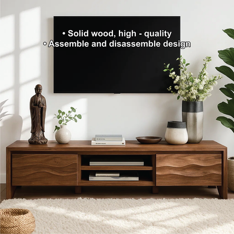Handcrafted Solid Wood TV Stand – Modern Wavy Pattern Media Console for Living Room