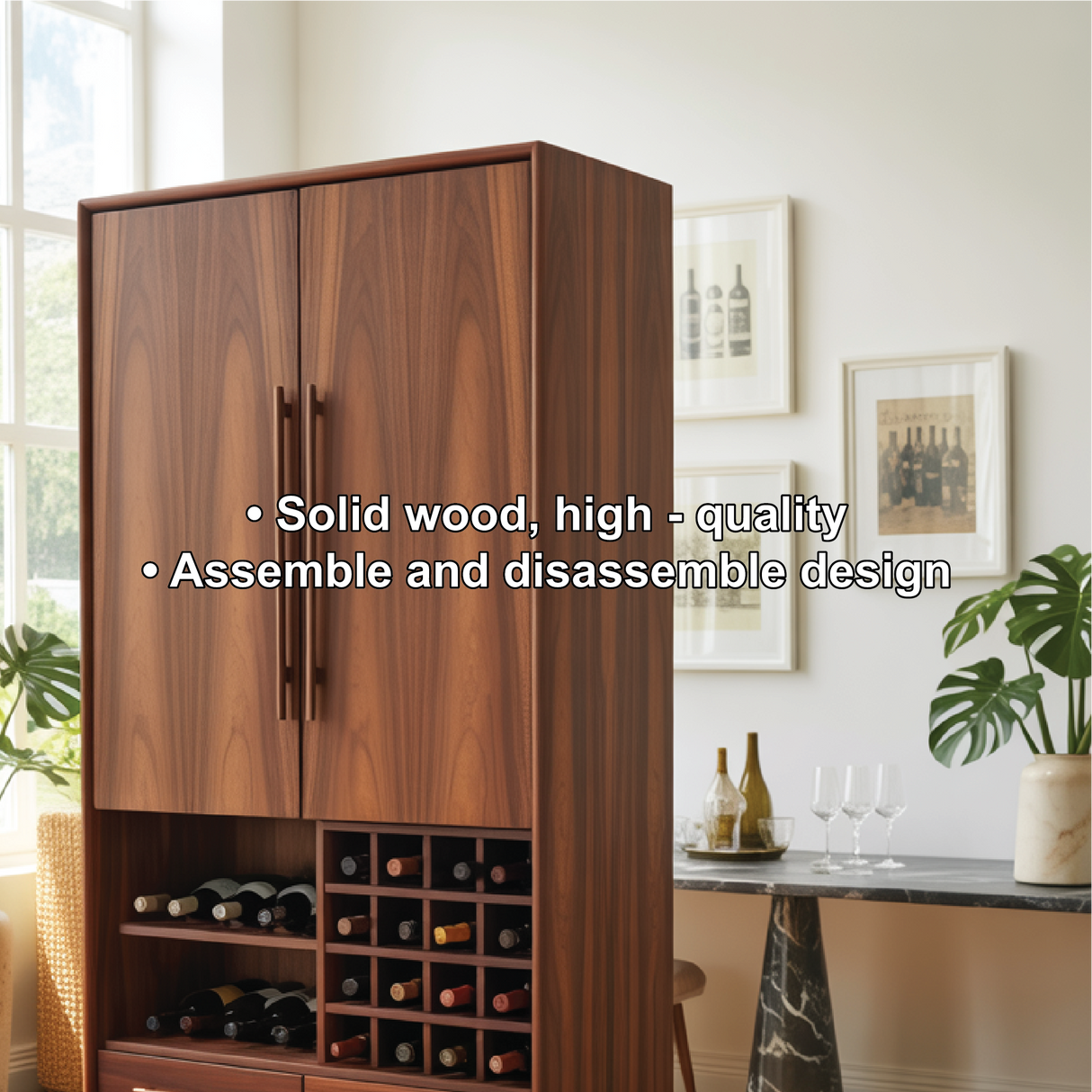 Handcrafted Solid Wood Dining Cabinet with Wine Rack, Tall Double Doors and Storage Drawers