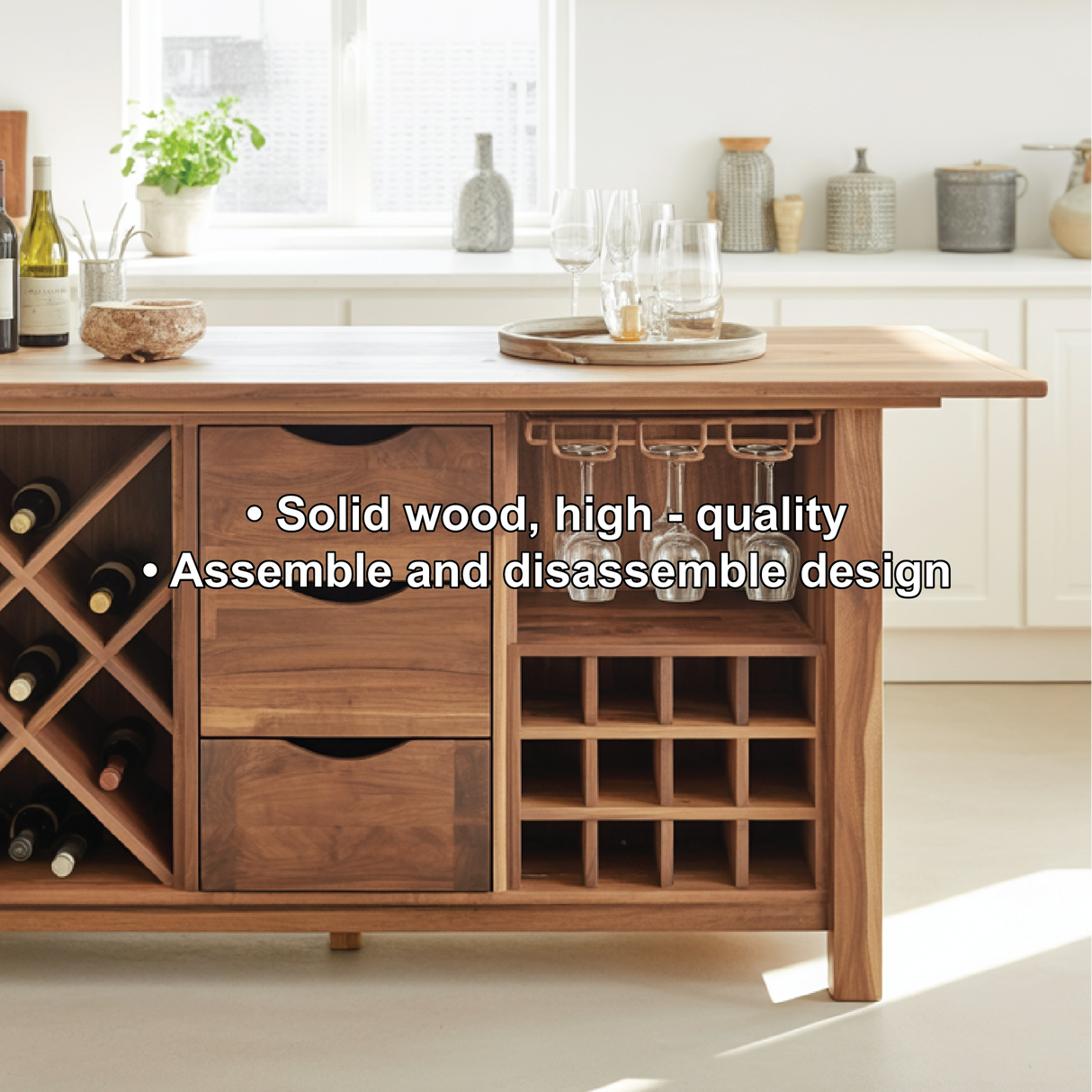 Handcrafted Solid Wood Dining Cabinet with Wine Storage, Drawers, and Hanging Glass Rack