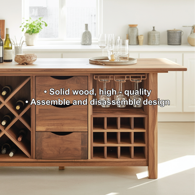 Handcrafted Solid Wood Dining Cabinet with Wine Storage, Drawers, and Hanging Glass Rack