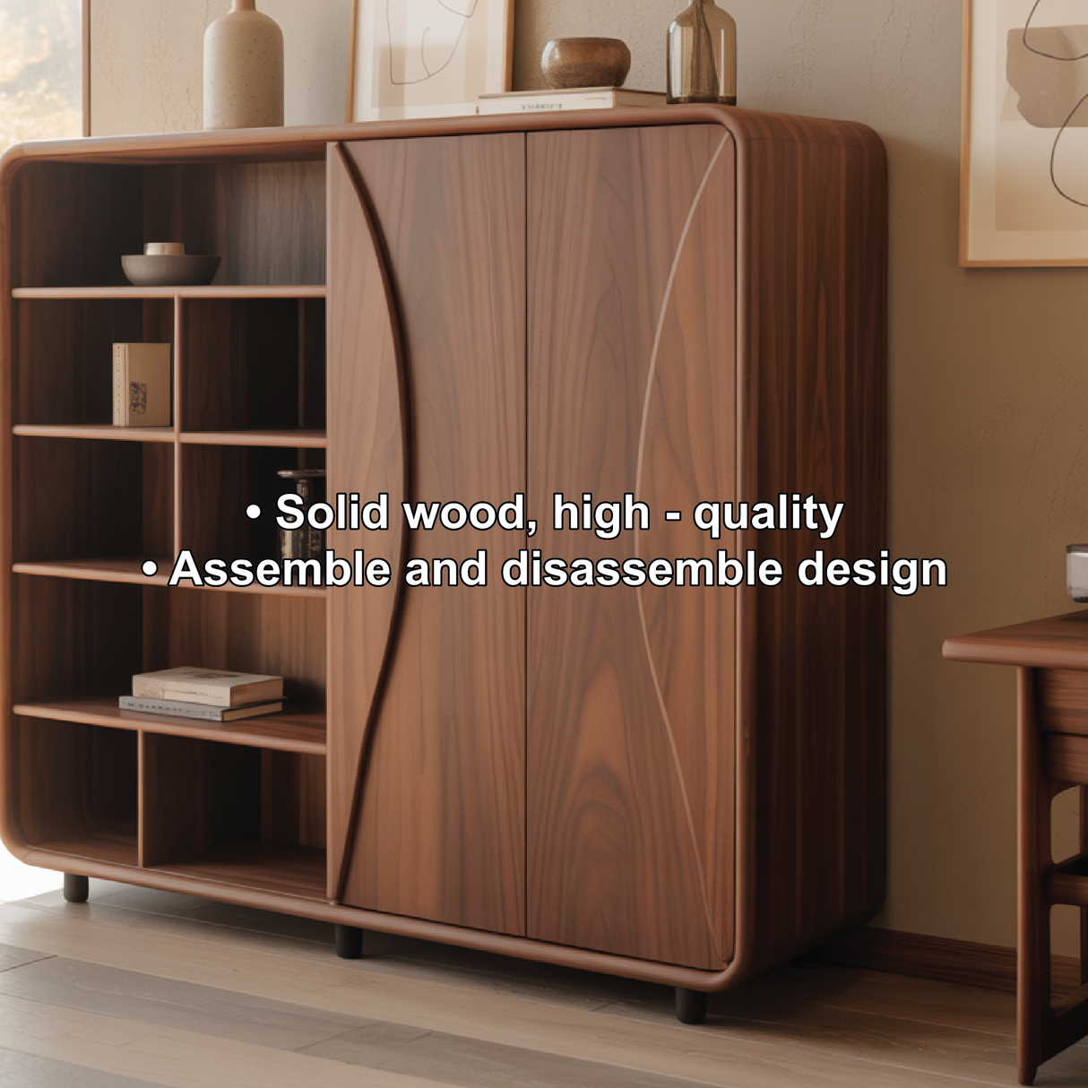 Handcrafted Solid Wood Dining Cabinet with Open Shelves and Curved Door Design for Modern Homes