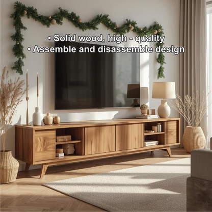 Handcrafted Solid Wood TV Stand with Sliding Doors and Mid-Century Modern Minimalist Design