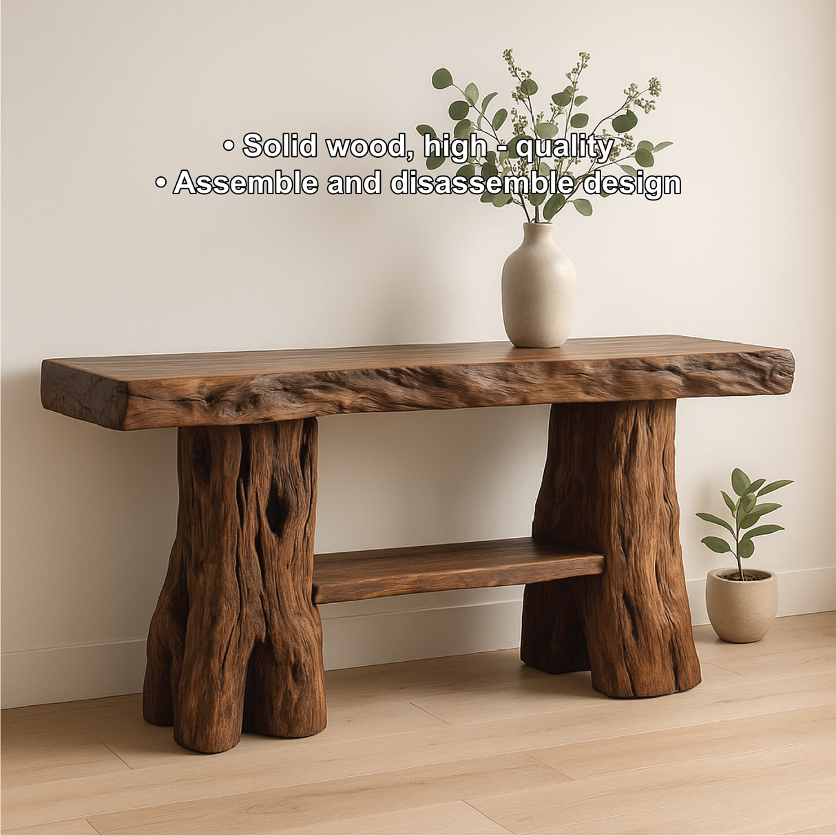 Handcrafted Solid Wood Console Table with Tree Trunk Legs for Rustic Natural Home Interiors