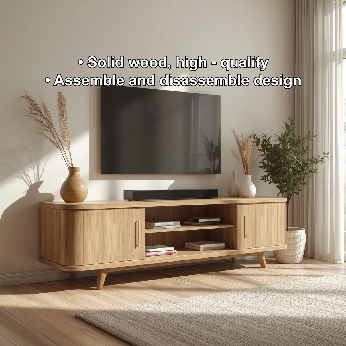 Handcrafted Solid Wood TV Stand with Rounded Corners and Natural Oak Finish for Modern Homes