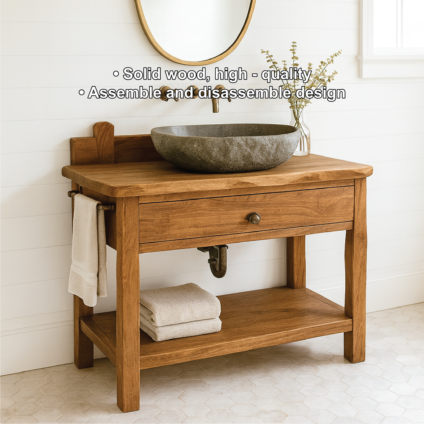 Handcrafted Solid Wood Bathroom Vanity with Drawer and Shelf for Rustic Farmhouse Interior Design