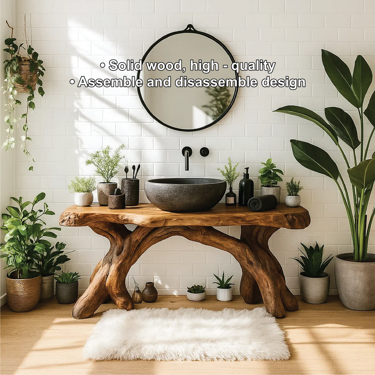 Handcrafted Solid Wood Bathroom Vanity with Organic Root Base and Natural Rustic Design