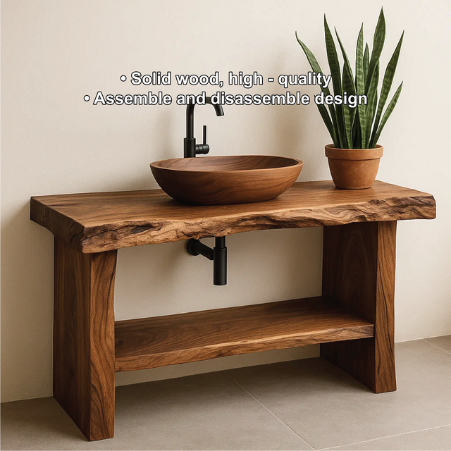 Handcrafted Live Edge Solid Wood Bathroom Vanity with Natural Finish and Open Storage Shelf