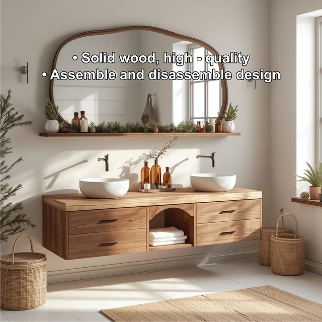 Handcrafted Solid Wood Floating Double Sink Vanity with Drawers and Natural Finish for Bathroom