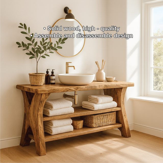 Handcrafted Solid Wood Bathroom Vanity with Natural Live Edge and Open Storage Shelf Design