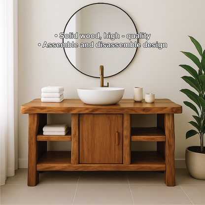 Handcrafted Solid Wood Bathroom Vanity with Center Cabinet and Open Shelves in Natural Finish