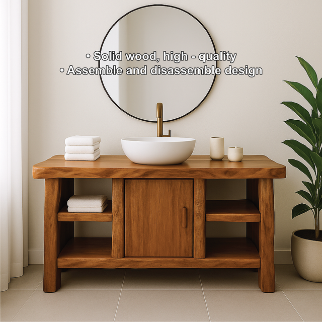 Handcrafted Solid Wood Bathroom Vanity with Center Cabinet and Open Shelves in Natural Finish