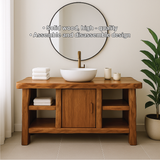 Handcrafted Solid Wood Bathroom Vanity with Center Cabinet and Open Shelves in Natural Finish