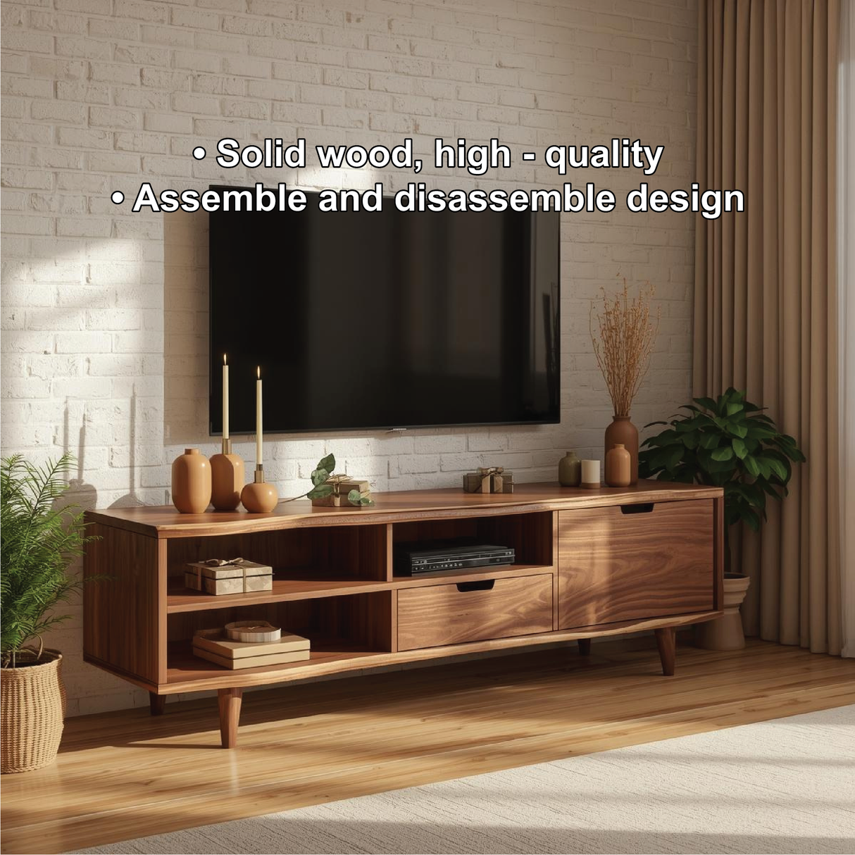 Handcrafted Solid Wood TV Stand with Mid-Century Modern Design and Open Storage Shelves