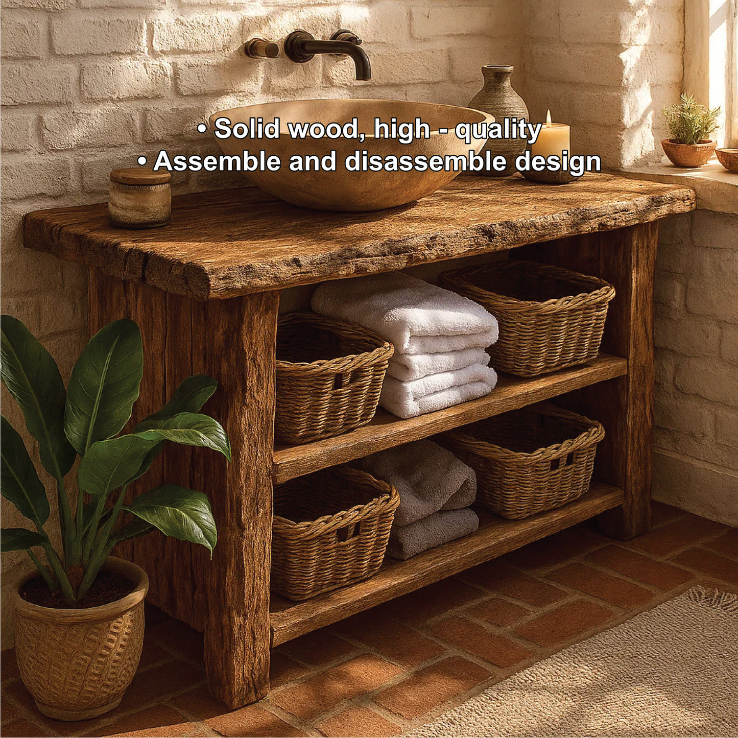 Rustic Handcrafted Solid Wood Bathroom Vanity with Open Shelves and Natural Live Edge Design