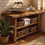 Rustic Handcrafted Solid Wood Bathroom Vanity with Open Shelves and Natural Live Edge Design