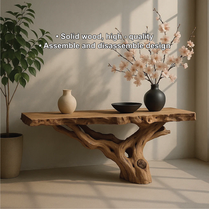 Handcrafted Solid Wood Console Table with Natural Root Base and Organic Live Edge Design