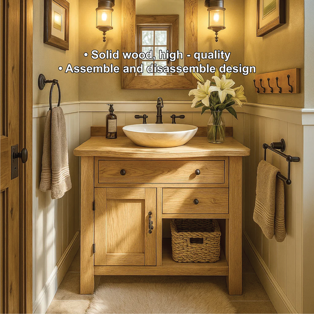 Handcrafted Solid Wood Bathroom Vanity with Drawer and Cabinet Storage in Natural Wood Finish