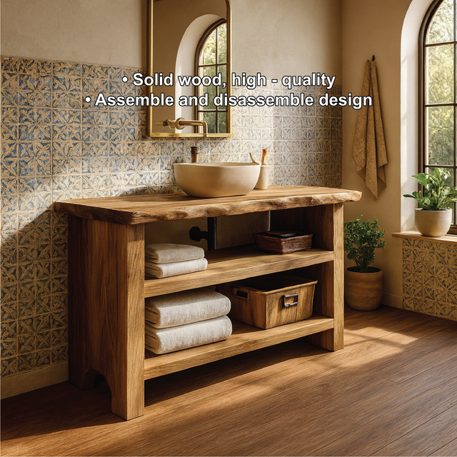 Handcrafted Solid Wood Bathroom Vanity with Live Edge Design and Rustic Open Shelf Storage