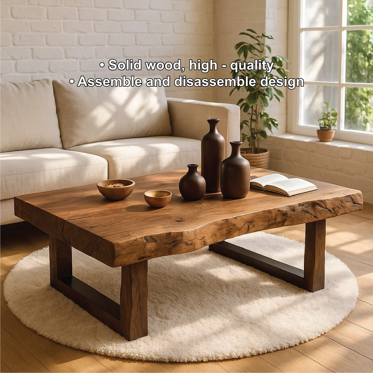 Handcrafted Solid Wood Coffee Table with Live Edge Top and Modern Minimalist Base Design