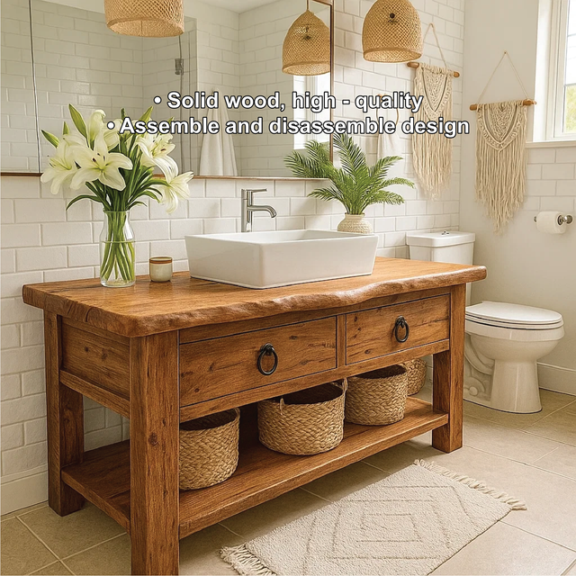 Handcrafted Solid Wood Bathroom Vanity with Drawers and Open Shelf in Natural Rustic Finish
