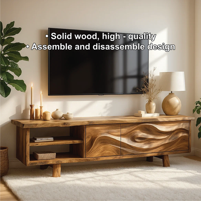 Handcrafted Solid Wood TV Stand with Wave Carved Doors and Natural Finish for Modern Living Rooms