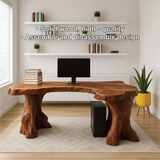Handcrafted Solid Wood Executive Desk – Live Edge Office Table with Natural Tree Trunk Base Design