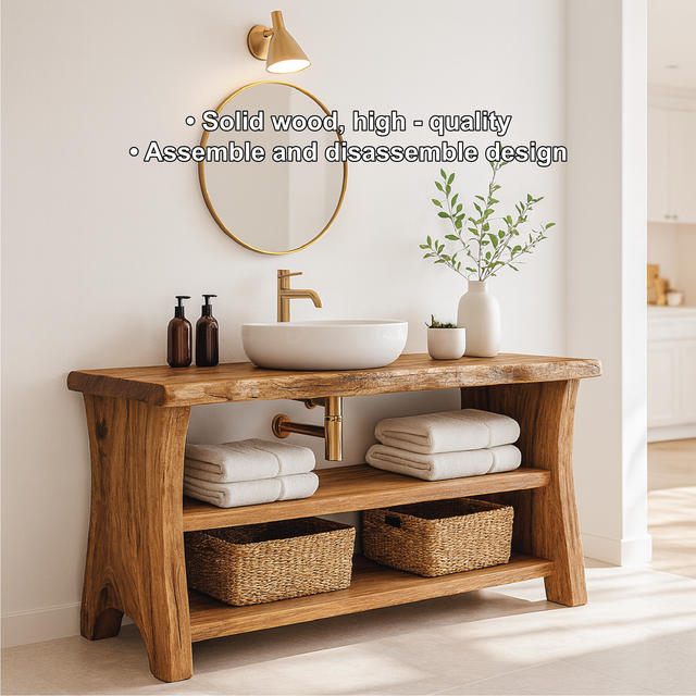Handcrafted Solid Wood Bathroom Vanity with Live Edge Design and Open Shelf Bathroom Storage